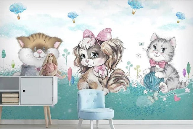 beibehang Custom fashion hand-painted watercolor cute cat dog animal pet children's room background papel de parede 3d wallpaper