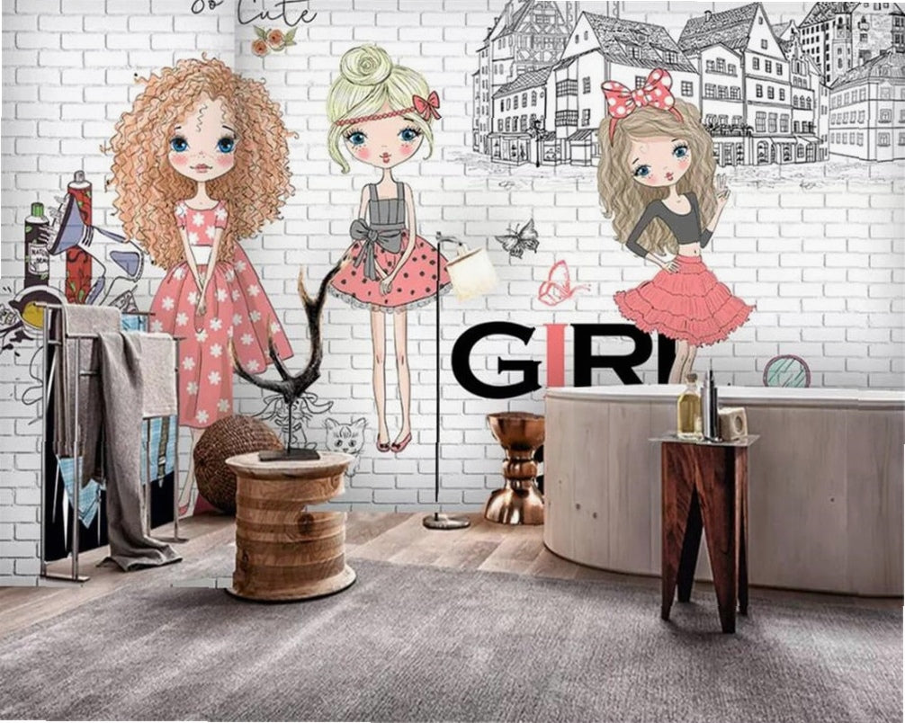 Beibehang custom made Large 3d Wallpaper Hand drawn urban fashion girl White brick city photo background wall 3d wallpaper